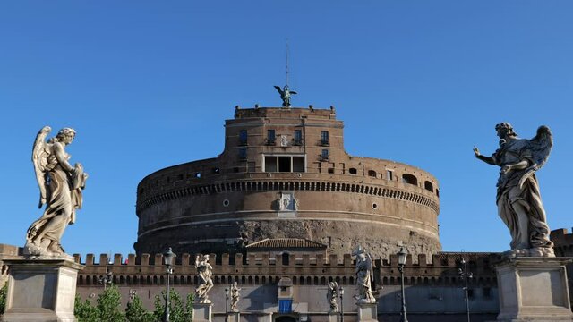 City of Rome in Italy, Castel Sant Angelo, Mausoleum of Hadrian from Ponte St. Angelo Bridge, zoom out in 4k
