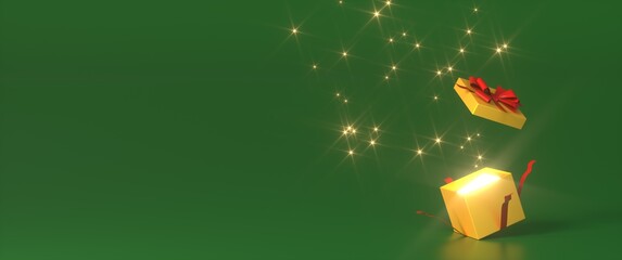 Blank open gift box or present box with red ribbon bow isolated on green color background with shadow. Minimal conceptual 3D rendering