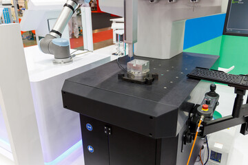 Coordinate Measuring machine (CMM), Closeup inspection dimension aluminum automotive parts by CMM, Measurement Tool, quality assurance, qc concept.