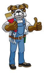 A bulldog painter decorator cartoon animal mascot holding a paintbrush and giving a thumbs up