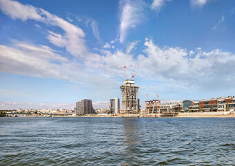 Belgrade Waterfront Estate, the controversial ambitious urban development project under construction, viewed from Sava river perspective – September 2020 – Belgrade, Serbia, Europe.