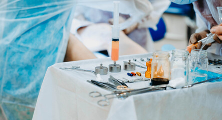 preparation of fat cells for lipofilling in the operating room. Surgical cosmetic surgery to...