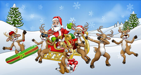 Christmas Scene of Santa Claus in his sled or sleigh surrounded by his reindeer having fun