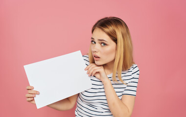 Woman in striped T-shirt emotions Copy Space pink background 