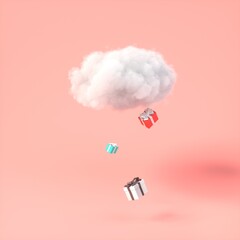 Cloud with gift box rain on pastel pink background. Creative idea. Gift boxes falling from cloud Minimal concept. 3d rendering