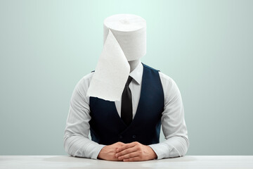 A news anchor with toilet paper for a head on a light background. Fake news concept, yellow press....