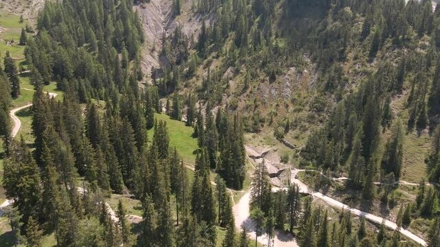 Adolf Munkel Trails Leading to Impressive Odle Mountain Peaks, Aerial, Dolomites, Italy