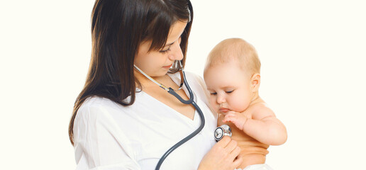 Close up of woman doctor listening to the heart of baby over a white background