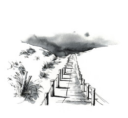 Pathway to the beach in sand dunes ink illustration