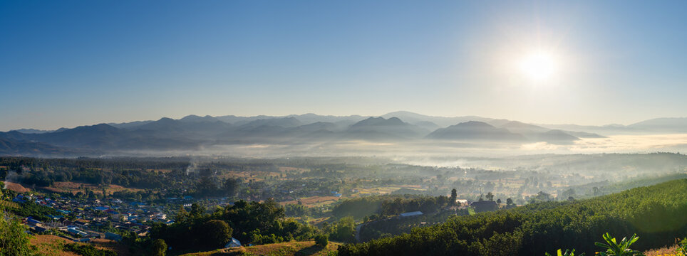 Sunrise and sea of clouds over Pai District at sunrise from Yun Lai Viewpoint. Pai,Mae Hong Son.