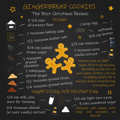 Gingerbread cookies recipe chalkboard design, christmass recipe with ingredients, blackboard sketch. For kitchen, restaurants, banners, bistrots