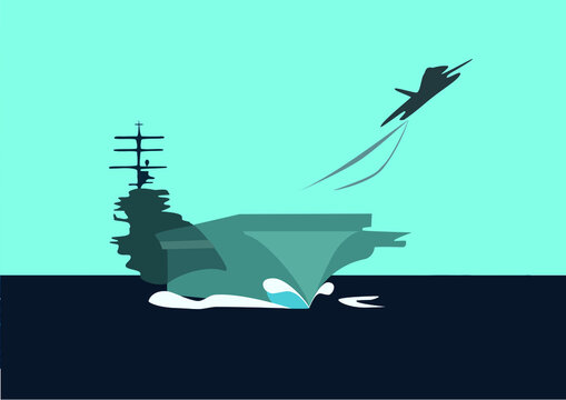 Plane takes off from the aircraft carrier. Vector image of a fighter plane taking off from the aircraft carrier
