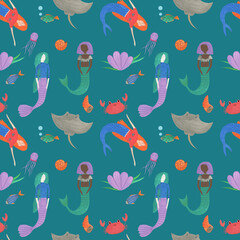 Seamless pattern with fishes and sea. Textile print with mermaids. Wrapping packaging with a nautical theme. Gouache cartoon pattern.