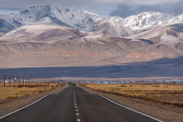 road asphalt mountains snow autumn