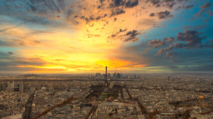 Paris skyline with Eiffel Tower at sunset in Paris