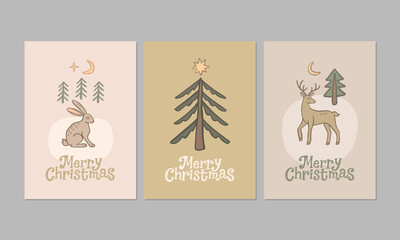 Christmas greeting card set. Collection of holiday posters with cute illustrations and hand drawn lettering.