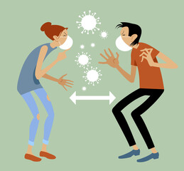 PEOPLE with a medical mask on their face. People support social distancing. The concept of not spreading the virus and preventing the coronavirus.