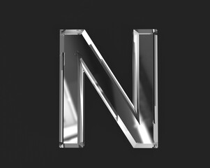 White shine reflective clear alphabet - letter N isolated on dark background, 3D illustration of symbols