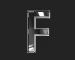 White shine glass made transparent font - letter F isolated on dark background, 3D illustration of symbols
