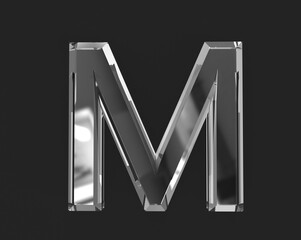White polished glassy crystal font - letter M isolated on dark, 3D illustration of symbols