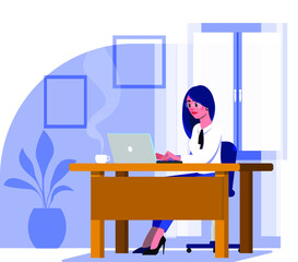 The girl works in the office at the computer. Office worker works at the laptop. The concept of business management. Stok vector illustration
