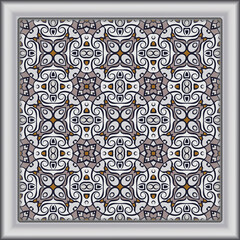 Bright creative color abstract geometric pattern gray orange brown blue, vector seamless, can be used for printing onto fabric, interior, design, textile, carpet. Frame.