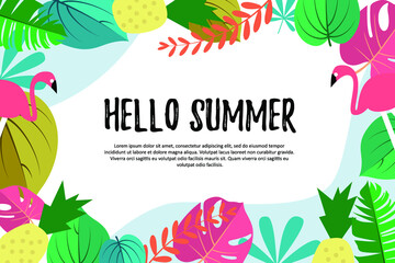 White abstract background with hello summer writing and colorful leafy decoration