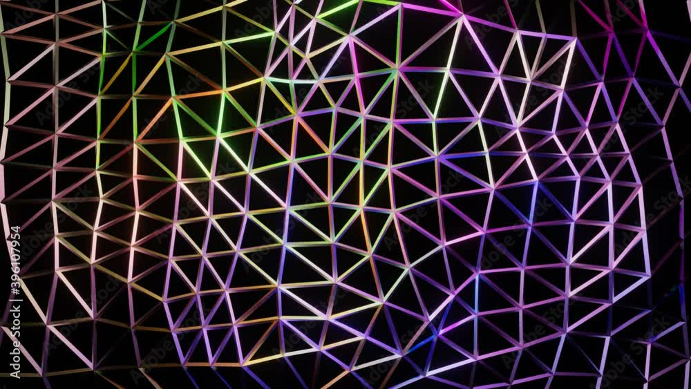Poster abstract background of triangular animated building net with colorful lighting, loop animation