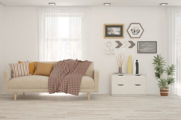 White living room with sofa. Scandinavian interior design. 3D illustration