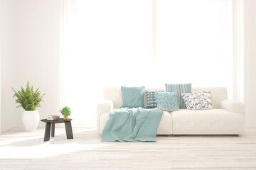 White living room with sofa. Scandinavian interior design. 3D illustration