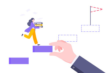 Business mentor helps to improve career and holding stairs stepr vector illustration. Mentorship, upskills and self development strategy flat style design business concept. - obrazy, fototapety, plakaty