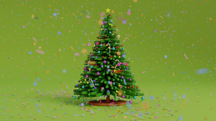 Decorated Christmas tree with confetti falling all around