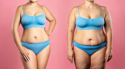 Woman's body before and after weight loss on pink background