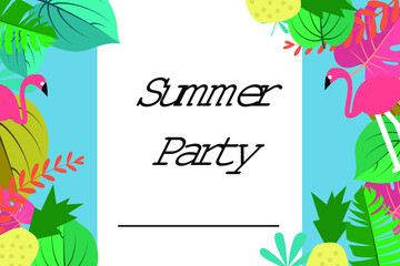 A design template that says summer party on a white and blue background and colorful leaves