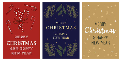 Christmas premium vintage gift card, postcard. Set of red blue and gold