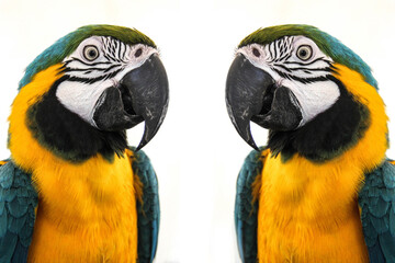 Pair of yellow and blue macaw parrots reflection