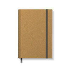 Blank brown kraft paper book or notebook with black elastic and ribbon bookmark mockup template.
