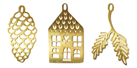 Golden Christmas decorations isolated on white