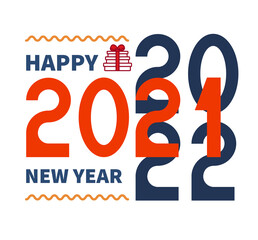 Happy new year 2021 text. Figures with a Christmas tree, gifts, balls. Template for your holiday flyers, greeting and invitation cards, website headers, advertisements. Vector illustration