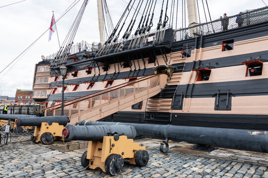 08/13/2019 Portsmouth, Hampshire, UK the gangway of HMS Victory in Portsmouth dockyard, The worlds oldest commissioned warship, nelsons flag ship from the battle of trafalgar
