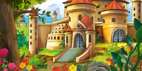 Cartoon nature scene with beautiful castle near the forest with forest animal