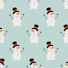 Cute cartoon snowman in hat in flat style seamless pattern. Merry Christmas and Happy New Year background. Vector illustration.