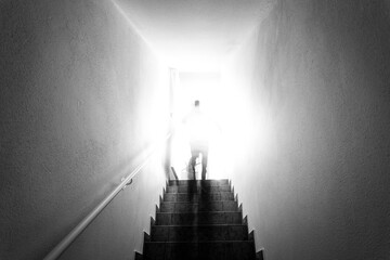 Man on basement stairway with railing, bright natural sunlight