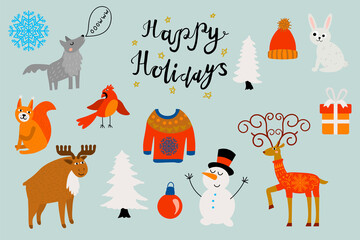 Cute Happy Holidays set of elements in childlike flat style. Cozy sweater, hat, ball, gift, Christmas tree, bird, moose, rabbit, deer, wolf, squirrel, snowman, snowflake, lettering. Vector.