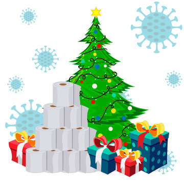 Toilet Roll Pyramid. Winter Holidays during Coronavirus. Christmas and New Year 2021 during Quarantine. Christmas Party Covid-19. Flat Vector Illustration