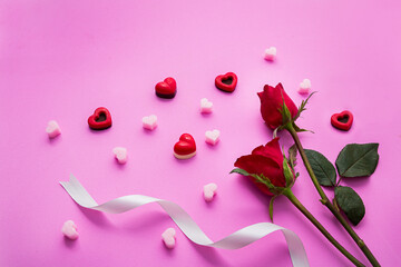 Red rose with curled white ribbon on light pink background, in concept of valentine's rose, romantic , drama story. 