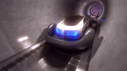 Underground high-speed transport. Personal transport riding on a platform underground in a tunnel. 3d illustration