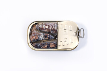Closeup of an open can of sardines isolated on white background. Canned sardine.
