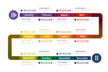 Timeline presentation for 12 months, 1 year, Timeline infographics design vector and Presentation business can be used for Business concept with 12 options, steps or processes. 