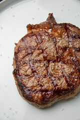 grilled steak on a white round plate.
